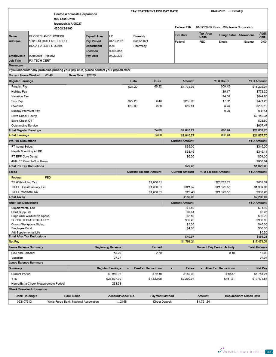 Download Costco Wholesale Corporation pay statement template in Word and PDF formats.pdf, 1 Photoshop template